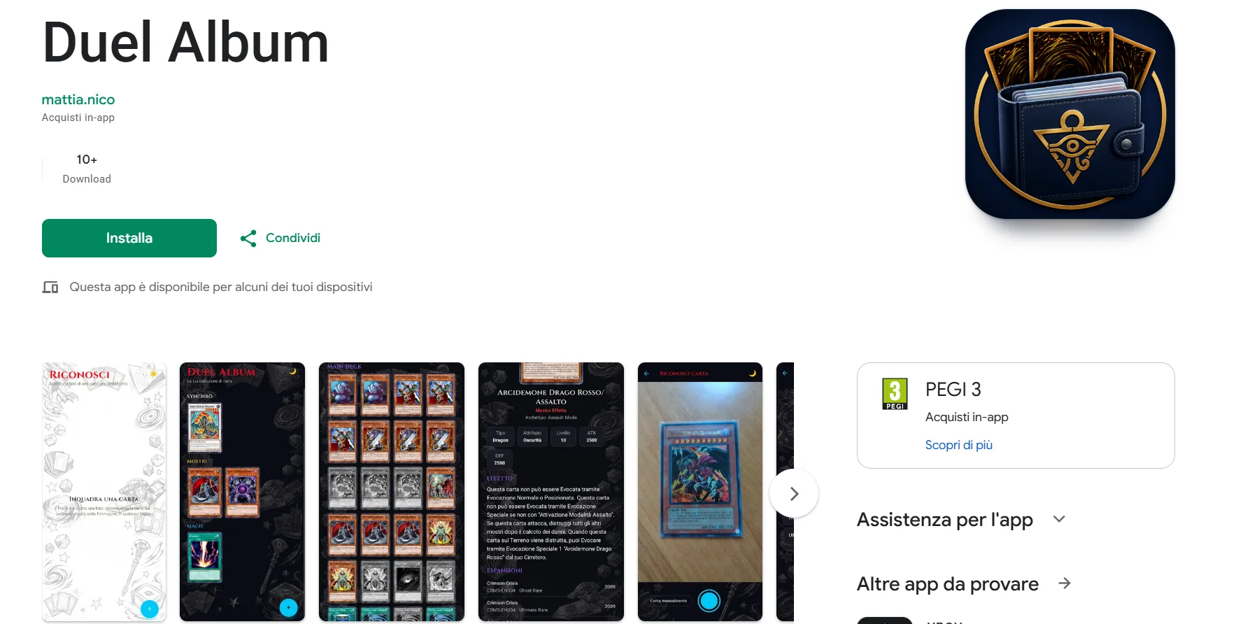 Duel Album - schermate dell'app: album carte, mazzi, scheda carta e riconoscimento foto